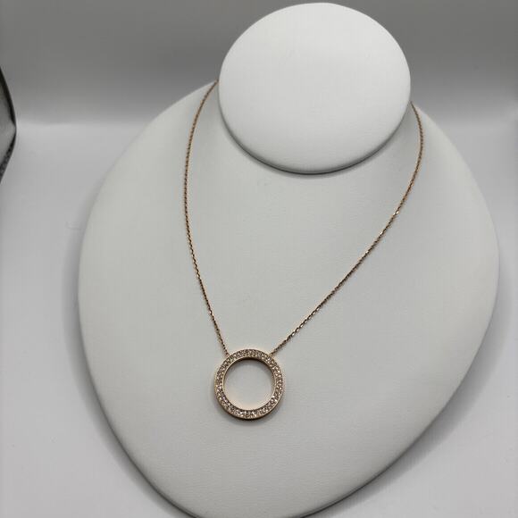 Michael Kors Rose Gold Tone Pave Circle Pendant Necklace 16" With 2.5" Extender - Picture 1 of 6
